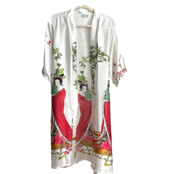 Asian Inspired Geisha Print White Satin Kimono Robe Topper Modern Bohemian M - Picture 11 of 13